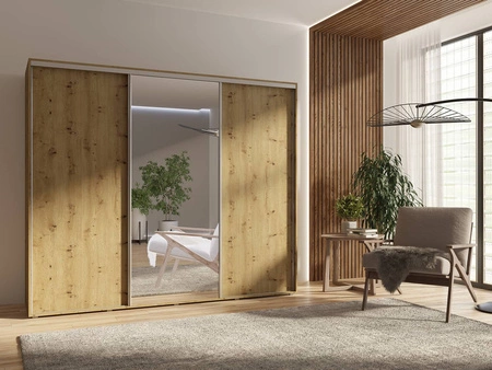 Posuvná šatní skříň se zrcadlem Silwer 255 cm dub artisan moderní design povrchová úprava ABS a hliníková vodítka dveří