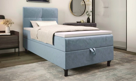 Kontinentální postel Melba 90x200 tyrkysová v moderním skandinávském stylu s čalouněným čelem postele s úložným boxem