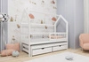 Dětská postel Dyzio 90x200 cm bílá Dvoumístná rozkládací postel do dětského pokoje Dřevěný domeček Postel s prostornými zásuvkami