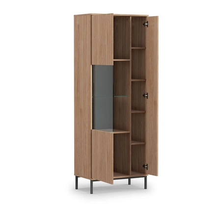 Vitrína Tutti 70 cm dub hickory stylový design bezpečná vitrína z tvrzeného skla na vysokých kovových nohách systém push to open