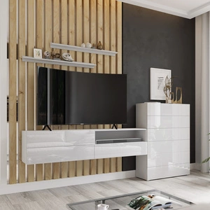 Nástěnná skříňka Almiros bílá / bílý lesk moderní design systém zásuvek push to open obývací stěna s komodou