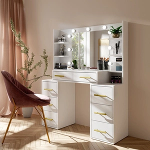 Toaletní stolek Adel 110 cm bílý s LED osvětlením toaletní stolek se zrcadlem v glamour stylu prostorné zásuvky kovové úchyty