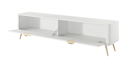 RTV skříň Lante 200 cm bílá moderní design korpusu na vysokých nohách rýhované čelo charakteristický oválný tvar