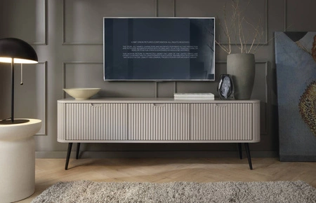 TV skříňka Zoya 168 cm béžová moderní design masivní kovové nohy drážkované čelo charakteristický oválný tvar
