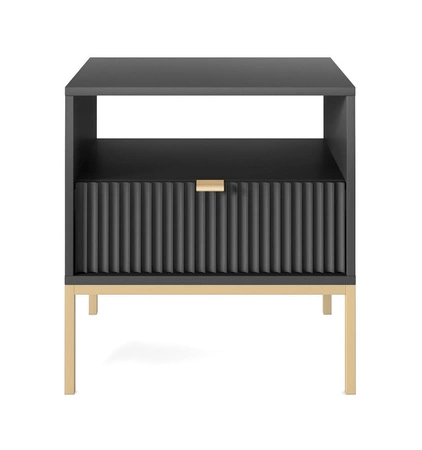 Lovro noční stolek se zásuvkou černý vkusný drážkovaný dekor ideální skříňka do ložnice zlaté kovové doplňky