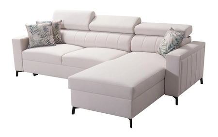 Rohová sedací souprava s funkcí spaní Savona arctic blue / white pravá elegantní rohová sedací souprava s nastavitelnými opěrkami hlavy dekorativní prošívání