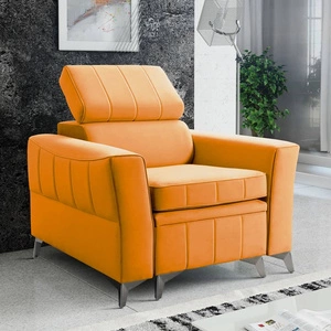 Křeslo Rava žluté Praktické a pohodlné křeslo do obývacího pokoje s nastavitelnou opěrkou hlavy a úložným prostorem z měkké sametové látky