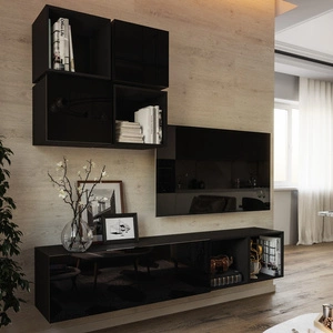 Nástěnná skříňka Perisa černá / černý lesk Minimalistický design nástěnné skříňky pro obývací pokoj nebo zasedací místnost Systém push to open