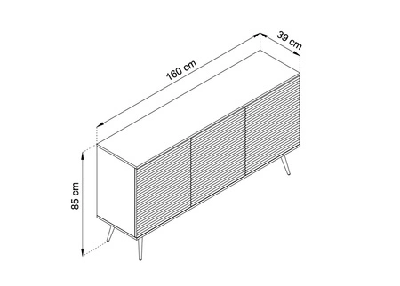Luxusní komoda 160 cm béžová elegantní design stylová drážkovaná čela korpus komody doplněný zlatým lemováním černé kovové nohy