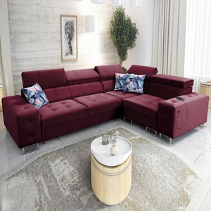 Rohová pohovka s funkcí spaní Hampton II bordó pravá strana stylová rohová rozkládací pohovka měkké čalounění typ látky samet
