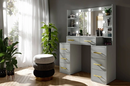 Toaletní stolek Adel 110 cm šedý s LED osvětlením toaletní stolek se zrcadlem ve stylu glamour prostorné zásuvky kovové úchyty