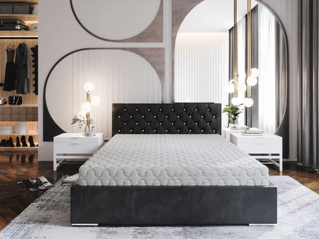 Čalouněná postel Bauru 160x200 grafitová s úložným boxem v moderním skandinávském stylu s prošívaným podhlavníkem s krystaly