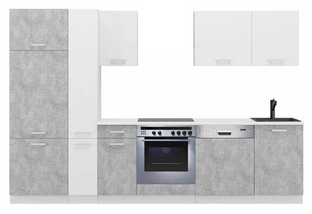 Kuchyňská sestava nábytku s pracovní deskou Toni 300 cm bílá / světlý beton kuchyňská sestava vypadá skvěle v moderních interiérech