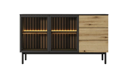 Sestava nábytku Clovis černá / dub evokuje netradiční design tlačit na otevření systému skleněných čel lamel v interiéru nástěnné skříňky