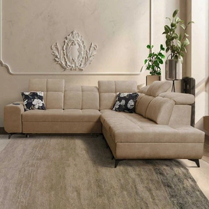 Rohová sedací souprava s funkcí spaní Buffalo IX tmavě béžová pravá strana stylová rohová sedací souprava do pokoje z velurové tkaniny dekorativní polštáře