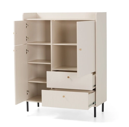 Komoda Ferdi 104 cm béžová písková originální design vysoký horní okraj komody na kovových nohách