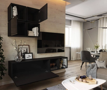 Nástěnná skříňka Perisa černá / černý lesk Minimalistický design nástěnné skříňky pro obývací pokoj nebo zasedací místnost Systém push to open