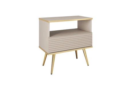 Luxusní béžový noční stolek se zásuvkou elegantní design skříňka se zlatým lemováním skříňka s rýhovaným čelem zlaté vysoké nohy