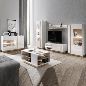 Sestava moderního designového nábytku Adria bílý lesk / dub vnuk skvěle zapadne do každého interiéru
