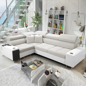 Rohová pohovka s funkcí spaní Dafni II slonovinová kost / bílá levá sametová rohová pohovka s úložným prostorem na lůžkoviny a zásuvkou v bočnici