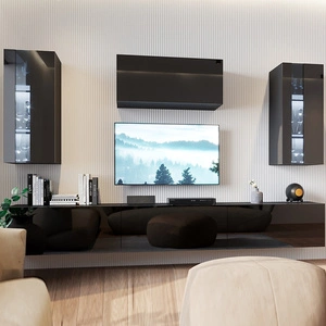 Nástěnná skříňka Tembi černá / černý lesk Moderní designová nástěnná skříňka do obývacího pokoje nebo zasedací místnosti Systém push to open