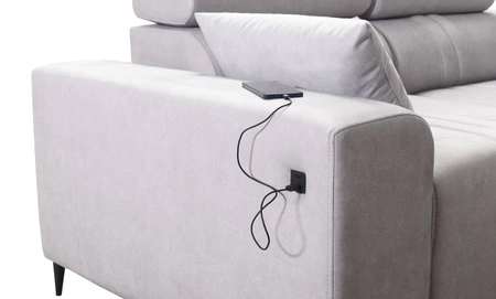 Rohová pohovka s funkcí spaní Castel VII modrá pravostranná stylová rohová pohovka s úložným prostorem na lůžkoviny a nastavitelnými opěrkami hlavy