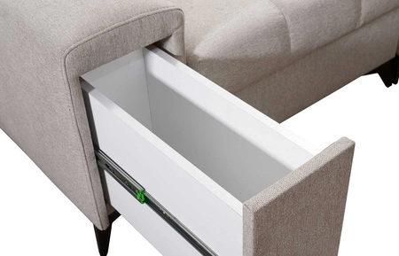 Rohová sedací souprava s funkcí spaní Bolmso VI béžová pravá pohodlná rohová sedací souprava s nastavitelnými opěrkami hlavy dekorativní prošívání na sedáku