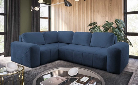 Rohová sedací souprava s funkcí spaní Bovec II modrá levá komfortní rohová sedací souprava se stylovou nádobou na lůžkoviny s charakterem