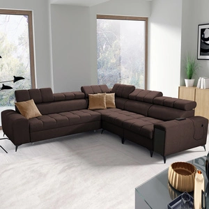 Rohová sedací souprava s funkcí spaní Bolmso III hnědá pravostranná rohová sedací souprava s kontejnery na lůžkoviny se zásuvkou s plným výsuvem v boku nábytku