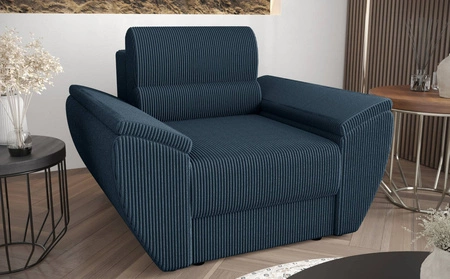 Křeslo Fogu modré moderní design pohodlné křeslo do obývacího pokoje manšestrová látka s výraznými pruhy široké područky