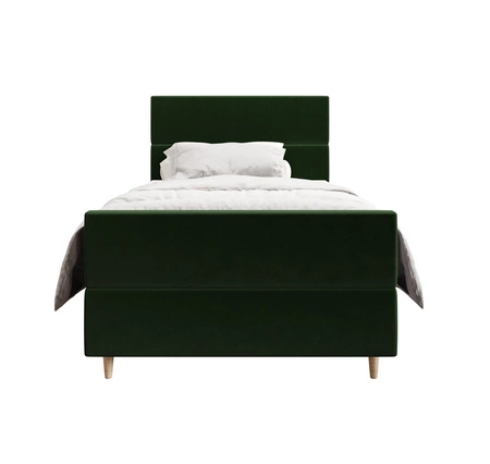 Kontinentální postel Benet 90x200 lahvově zelená v moderním skandinávském stylu s čalouněným čelem a nohou postele s úložným boxem