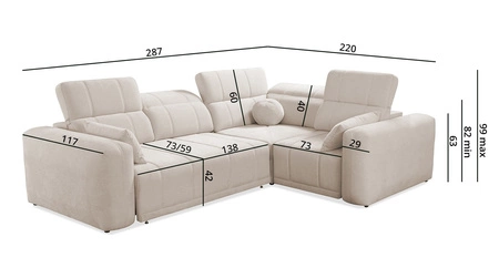 Rohová sedací souprava s funkcí spaní Cetara II šedá pravá strana stylový design posuvné opěradlo nastavitelné opěrky hlavy a kontejner na lůžkoviny