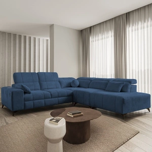 Rohová sedací souprava s funkcí spaní Penejos IX modrá pravostranná stylová rohová sedací souprava s kontejnery na lůžkoviny pohodlné nastavitelné opěrky hlavy