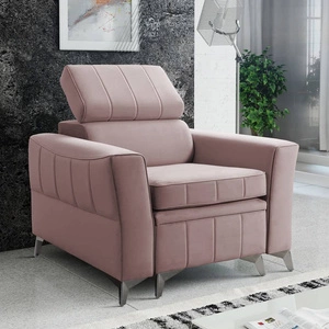 Křeslo Rava levandulově růžové praktické a pohodlné křeslo do obývacího pokoje s nastavitelnou opěrkou hlavy a úložným prostorem měkká sametová látka