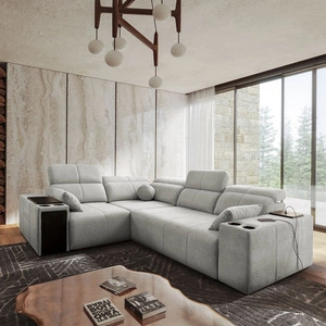 Rohová sedací souprava s funkcí spaní Tesalia II šedý jasan levá pohodlná rohová sedací souprava do obývacího pokoje s posuvným opěradlem nádoba na lůžkoviny