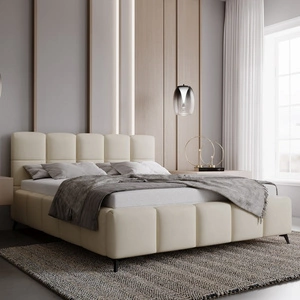 Čalouněná postel Olne 180x200 béžová stylová postel s úložným prostorem na lůžkoviny pohodlný podhlavník zaujme svým elegantním designem