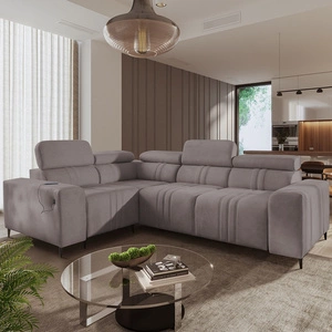 Rohová sedací souprava s funkcí spaní Castel II šedohnědá levá komfortní rohová sedací souprava s polohovatelnými opěrkami hlavy nádoba na lůžkoviny