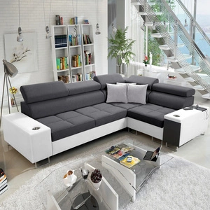 Rohová sedací souprava s funkcí spaní Dafni II grafitově bílá pravostranná proplétaná rohová sedací souprava s úložným prostorem na lůžkoviny s celočalouněnou zásuvkou