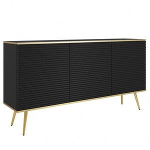 Luxusní komoda 160 cm černá elegantní design stylová drážkovaná čela korpus komody doplněný zlatým lemováním zlaté kovové nohy