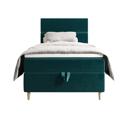 Kontinentální postel Bing 120x200 tyrkysová v moderním skandinávském stylu s čalouněným čelem postele s úložným boxem