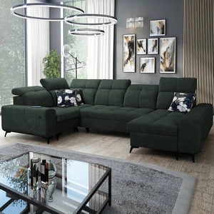 Rohová sedací souprava s funkcí spaní Buffalo IV zelená pravostranná stylová rohová sedací souprava se dvěma přihrádkami na lůžkoviny velurová tkanina