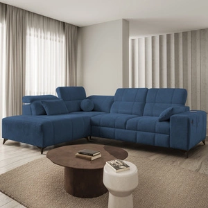 Rohová sedací souprava s funkcí spaní Penejos VII modrá levá stylová rohová sedací souprava s úložným prostorem na lůžkoviny pohodlné nastavitelné opěrky hlavy