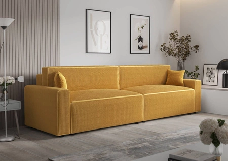 Rozkládací pohovka Brandon XL Bis medový moderní design trojrozměrná látka s výraznými pruhy nádoba na lůžkoviny