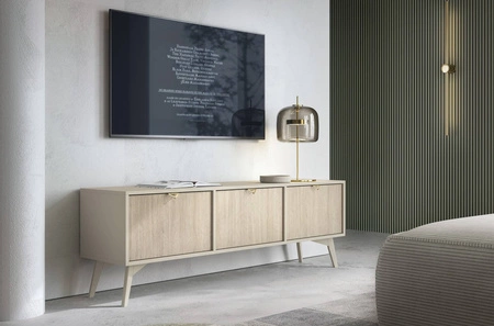 RTV skříň Wald 158 cm béžová / béžová rybí kost Skandinávský design vkusný dekor rybí kosti na čelních stranách elegantní zlaté úchytky