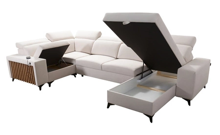 Rohová sedací souprava Kelly IV s funkcí spaní šedá pravostranná proplétaná pohodlná rohová sedací souprava nastavitelné opěrky hlavy boční čalounění s lamelami