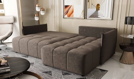 Rohová sedací souprava s funkcí spaní Oroso světle hnědá pravá rohová sedací souprava měkká sametová tkanina s hydrofobním potahem nádoba na lůžkoviny