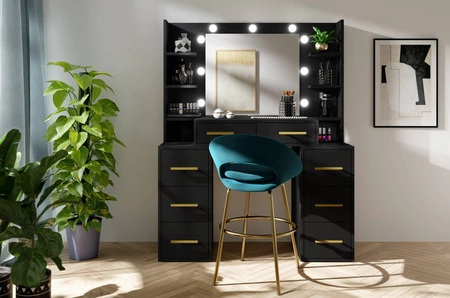 Toaletní stolek Adel 110 cm černý s LED osvětlením toaletní stolek se zrcadlem v glamour stylu prostorné zásuvky kovové úchyty