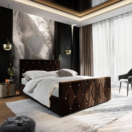 Hnědá čalouněná postel Tifton 180x200 s úložným boxem v moderním stylu s výrazným čelem a nohama s povrchovou úpravou krystaly