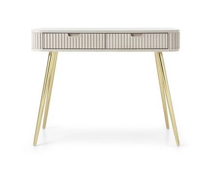 Béžová konzola Zoya se zásuvkami stylový a funkční toaletní stolek zakřivený masivní tvar rýhovaná čela zásuvek zlaté nohy