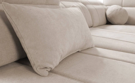 Rohová sedací souprava s funkcí spaní Cetara šedohnědá pravá strana stylový design pohodlné posuvné opěrky zad nastavitelné opěrky hlavy